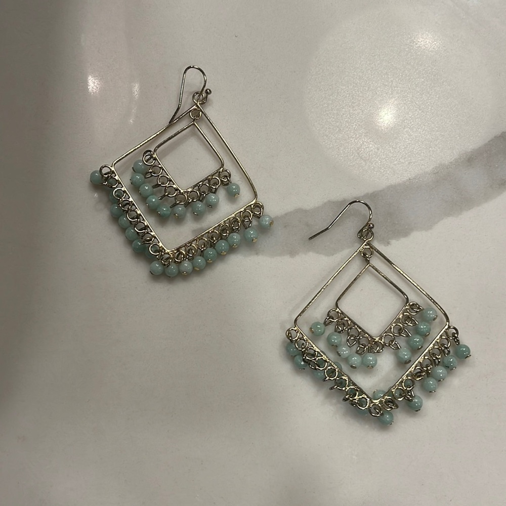 Double Diamond Earring with Dangling Light Blue Beads